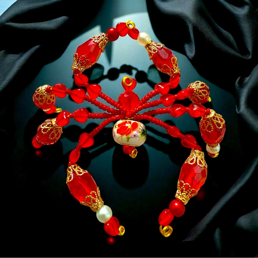 The Crimson Enchantress - Elegant Red Beaded Spider Sculpture